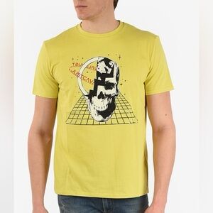 NWT Just Cavalli Skull Printed Crewneck Short Sleeve Tee T Shirt Yellow Sz L
